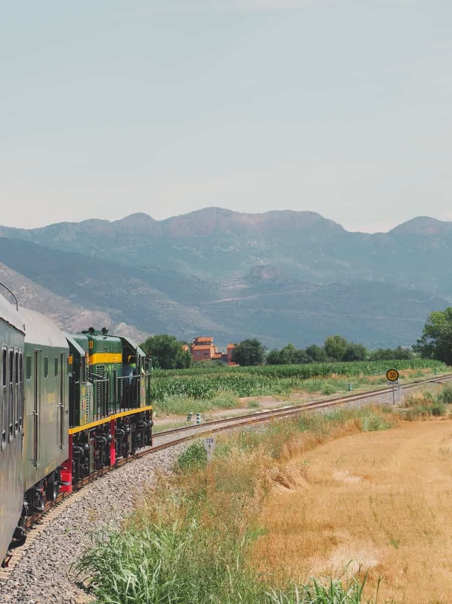 A train passing by a field of crops